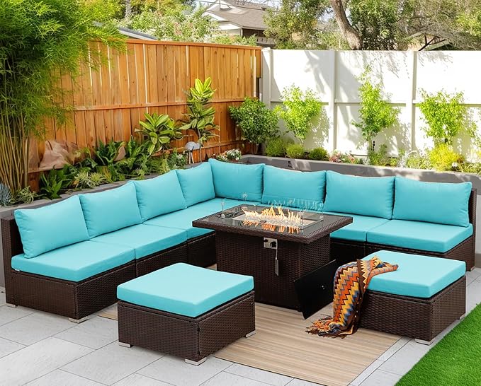 NICESOUL10 Piece Outdoor Couch Furniture Set with Fire Pit Natural Gas/Propane, 29.3'' High Back Luxury Comfortable Conversations, Deep Wide Seating Sofa Sectional, Brown and Turquoise