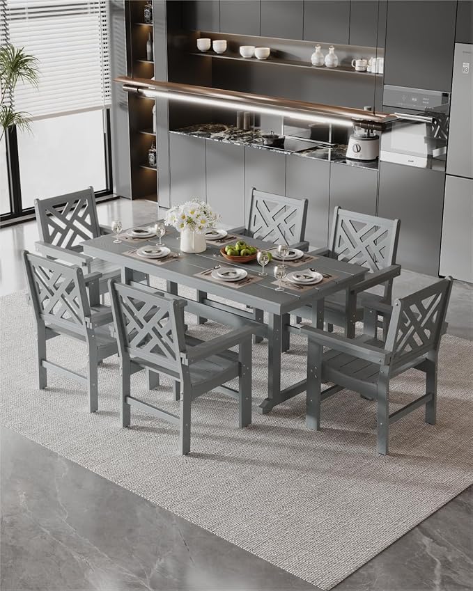 7-Piece Outdoor Dining Set, HDPE All-Weather Patio Table and Chairs Set for 6, Outdoor Patio Furniture Sets with Umbrella Hole for Outside, Deck, Backyard, Garden (Grey)