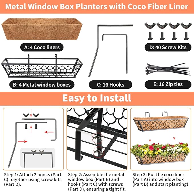 Riare 4 Pack 24 Inch Window Boxes Planters with Coco Liner, Metal Deck Railing Planter Boxes, Balcony Planters Railing Hanging, Horse Trough Window Flower Planter Boxes for Outdoor Porch Fence Patio