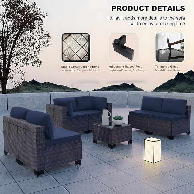 Kullavik 7 Pieces Outdoor Patio Furniture Set PE Wicker Rattan Sectional Sofa Patio Conversation Sets,Navy Blue