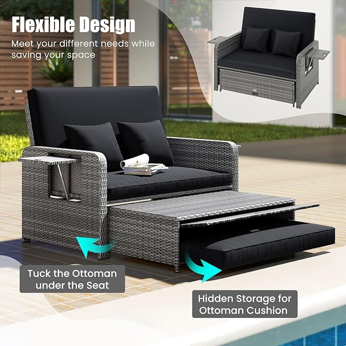 Tangkula Patio Rattan Daybed with 4-Level Adjustable Backrest, Outdoor PE Wicker Loveseat with Storage Ottoman & Folding Side Table, Double Sunbed for Balcony, Backyard & Poolside, Black & Grey