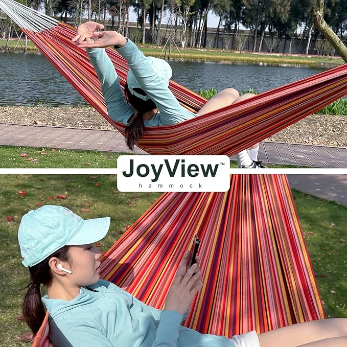 JoyView Brazilian Double Hammock with Hanging Ropes Extra Large 86.6x59” Portable Cotton Hammock for Patio Backyard Porch 450LBS Weight Capacity Perfect for Outdoor/Indoor - Blue & Green Stripes