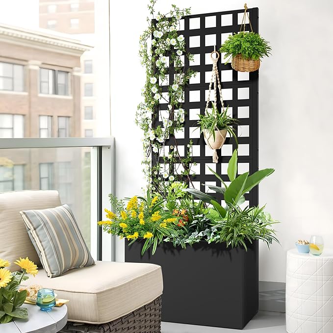FENCY Metal Planter Box with Trellis, Planter Trellis for Climbing Plants Vegetable Vines, Trellis with Planter Box & Privacy Screen, Raised Garden Bed with Drainage Holes (23.6" L x 63" H/Lattice)