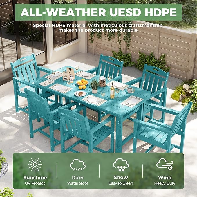 HDPE Outdoor Dining Set, Patio Table and Chairs Set, All-Weather 7-Piece Outside Table and 6 Chairs, 2" Umbrella Hole, Outdoor Furniture for Garden, Poolside, Backyard, Deck | Lake Blue