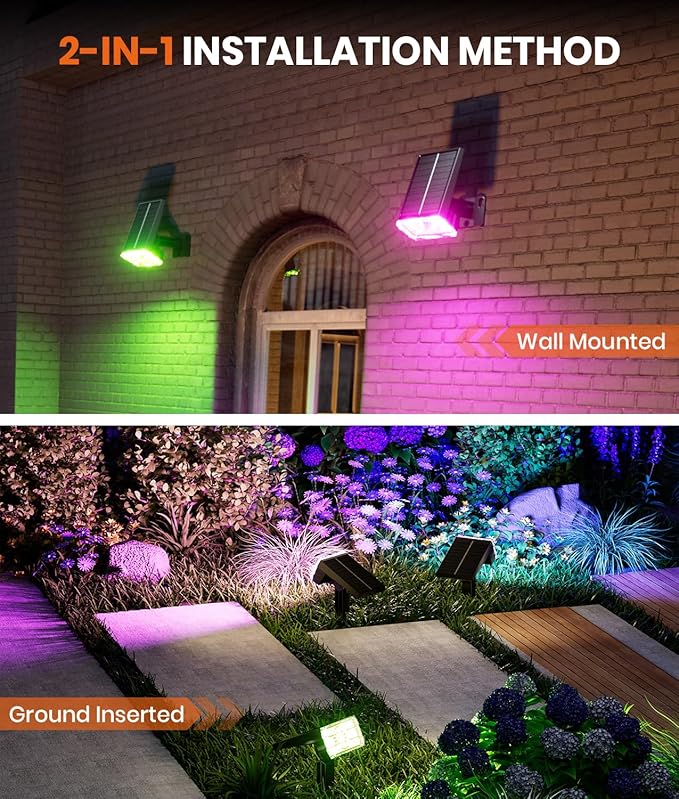 8-Pack Solar Spot Lights Outdoor Multicolor IP67 Waterproof RGB - 6 Colors, 10 Modes, 105° Adjustable Uplights, 58 LED Flood Lights, Valentine's Spotlights for Yard/Garden/Landscape Lighting Outside
