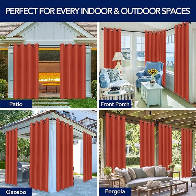 PureFit Outdoor Curtains for Patio Waterproof Weatherproof, UV Resistant Outside Curtains for Gazebo, Front Porch, Pergola, Sun Blocking Privacy Curtain, 52W x 95L inch, 1 Panel, Red Clay