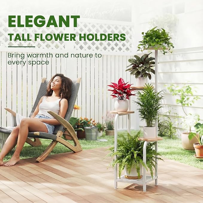 TOSKING 5 Tier Metal Plant Stand Indoor 48''H Tall ,Heavy Duty Plant Shelf , Corner Shelf Flower Pot Stand for Outdoor Plant Stand for Living Room Balcony Garden Patio Bedroom (5 Tier-White and Wood)