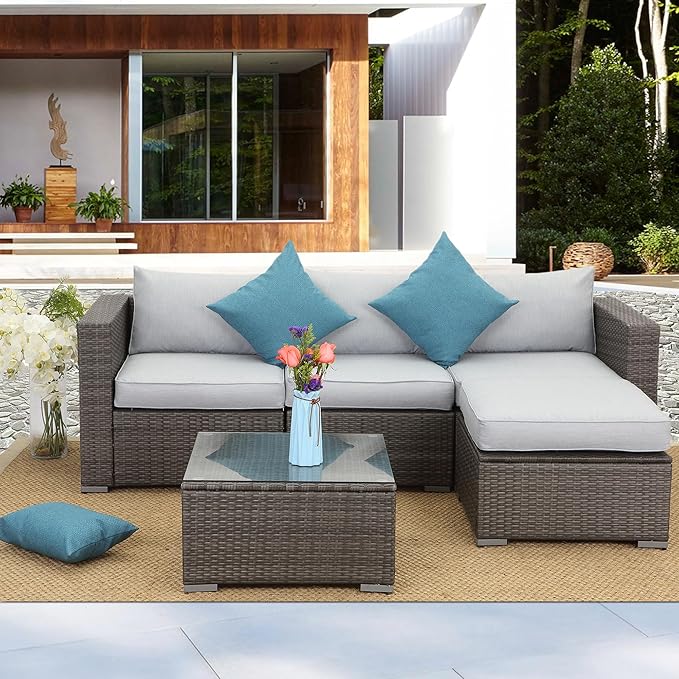 Wisteria Lane 2 Pieces Patio Furniture Sets, Outdoor Sectional Furniture with Armless Sofa, Tempered Glass Table and Cushion, Patio Conversation Sets for Garden Backyard, Grey