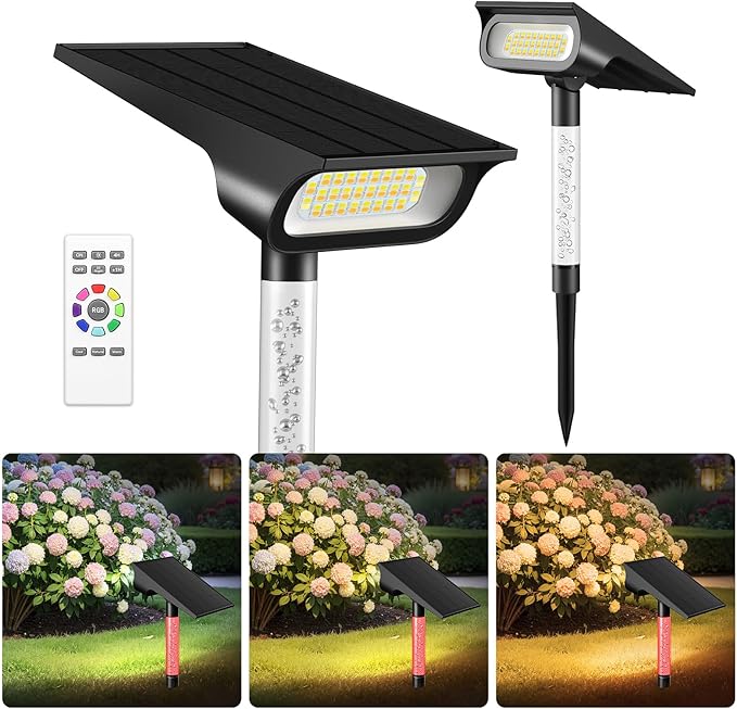 intelamp Solar Spot Lights Outdoor Waterproof, 4000mAh RGB LED Landscape Lights Warm White 3 Lighting Colors, IP65 Waterproof for Yard Driveway Tree Flag Garden Patio Outside Decor with Remote