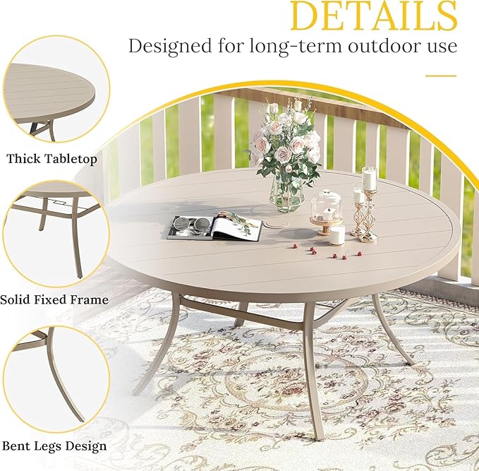 VICLLAX 53" Outdoor Round Patio Table for Lawn Garden, All Weather Metal Round Patio Dining Table with Adjustable Umbrella Hole, Patio Table for 8 Person, Sandshell Tabletop