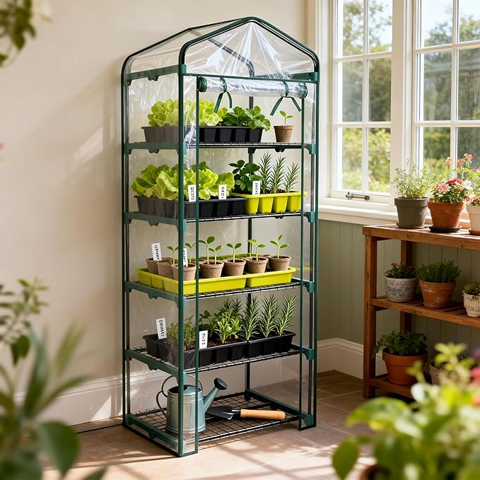 Worth Garden 5 Tier Mini Greenhouse - 75'' H x 27'' L x 19'' W - Sturdy Portable Gardening Shelves with PVC Cover - Small Porch Green House for Growing Plants Flowers Indoor & Outdoor