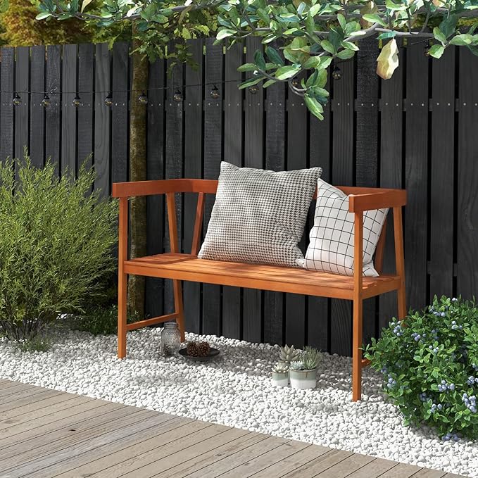 Tangkula Outdoor Eucalyptus Wood Bench, 2-Person Garden Bench with Backrest and Armrests, Garden Bench with Slatted Seat for Porch, Park, Backyard, 800 Lbs Max Load, 43” L x 18” W x 28” H, Natural