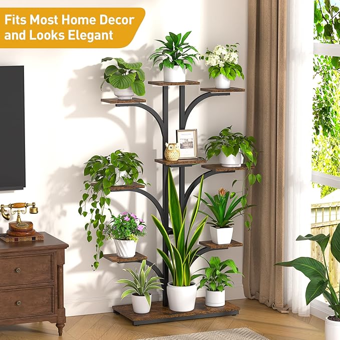 ikkle Plant Stand Indoor with Grow Lights, 64" Tall Plant Shelf, 9 Tiered Corner Plant Shelves for Indoor Plants Multiple, Large Flower Display Holder, Tree-Shaped Plant Rack for Home, Living Room, Patio Decor