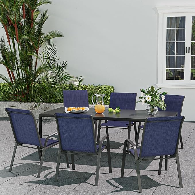 Patio Dining Chairs Set of 6, Outdoor High Stacking Chairs，Breathable Seat Fabric and Alloy Steel Frame for Backyard, Porch, Garden, Sunroom (Blue)