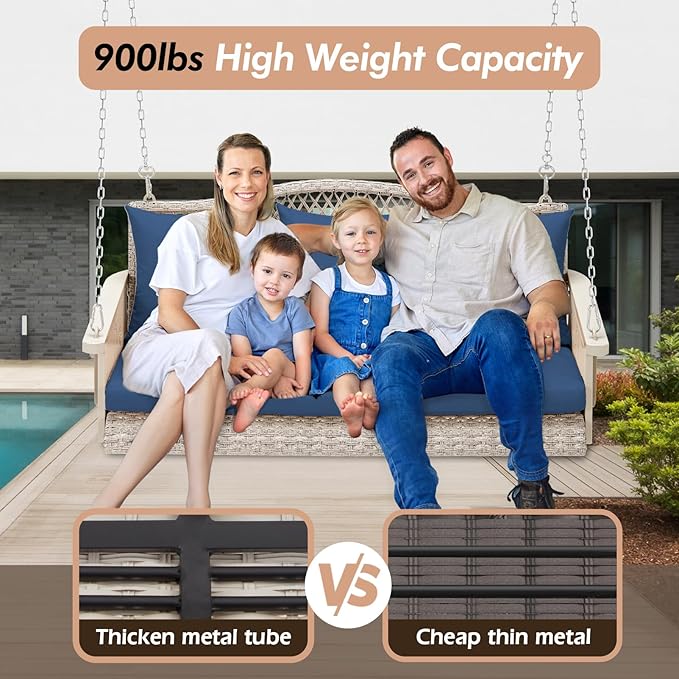 Upgraded Wicker Hanging Porch Swing Heavy Duty 900 LBS 3-Seat Outdoor Patio Swing Chair Bench for Adult w/ 8.9ft Hanging Chains Cushions and Cup Holder(Grey/Blue)