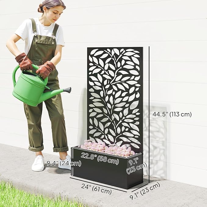 Outsunny Metal Raised Garden Bed with Trellis for Climbing Plants, Freestanding or Wall Mounted Flower Bed with Privacy Panel, Leaves Cut-Outs Outdoor Planter Box for Garden, Patio, Balcony
