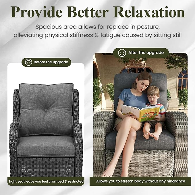 LayinSun Oversized Wicker Outdoor Swivel Glider Recliner with Adjustable Backrest & Footrest, Patio Reclining Lounge Chair - Set of 2