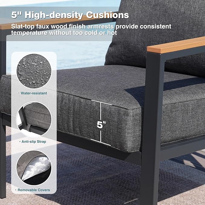 Patio Furniture Set, 4 Pieces Outdoor Furniture Patio Conversation Set with High Back, Faux-Wood Armrest and Tabletop, Outdoor Couch Patio Sofa Set for Balcony, Porch, Backyard, Grey