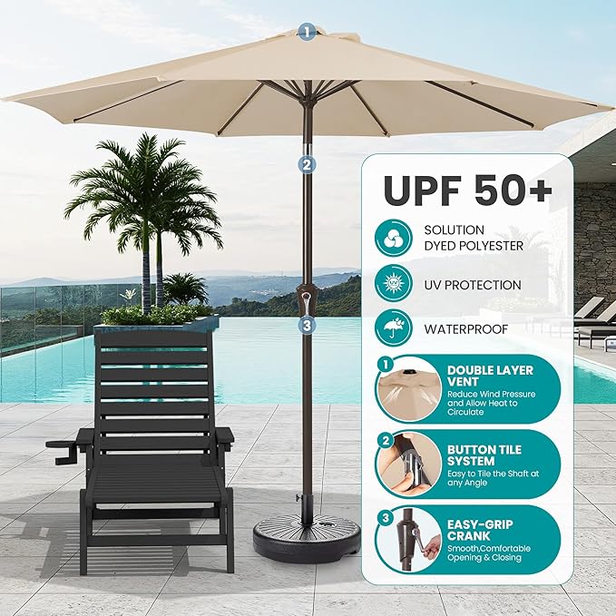 SERWALL Patio Chaise Lounge Chair Set of 2 with 9FT Patio Umbrella, 78'' HDPE Outdoor Lounger, Poly Lounge Chair with Rolling Wheels & Cup Holder for Pool,Obsidian Black (Umbreall Base not Included)