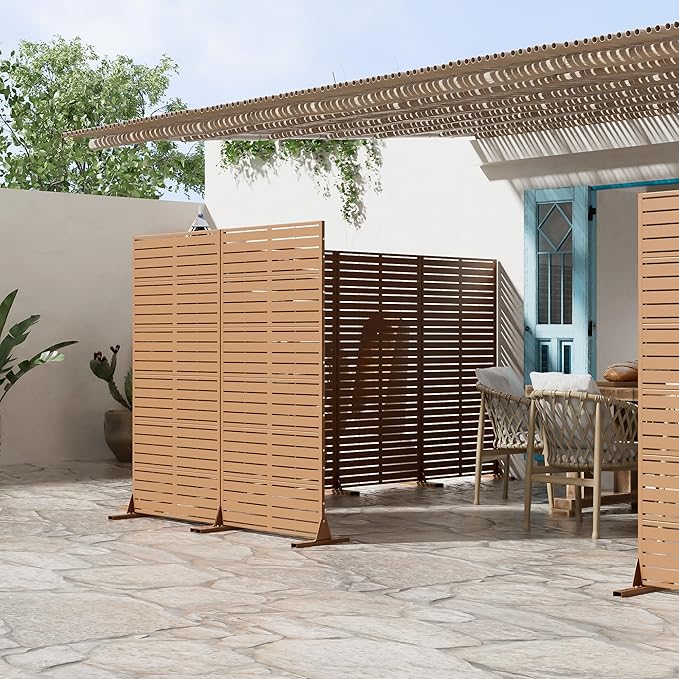 Casaphoria Metal Privacy Screen Outdoor, 72" H x 35" W Freestanding Decorative Privacy Screen for Patio Deck Balcony Garden with Stable Base, Brown-Louvered