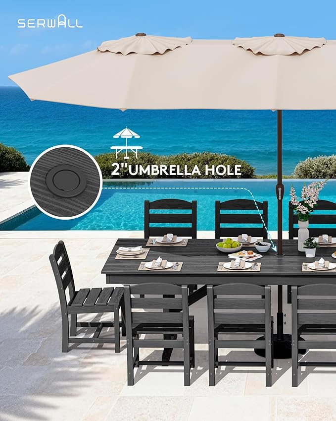 SERWALL 11 Piece Outdoor Dining Set, 84" HDPE Outdoor Table and Chairs for 10，All Weather Patio Furniture Set with Umbrella Hole for Backyard, Garden, Black
