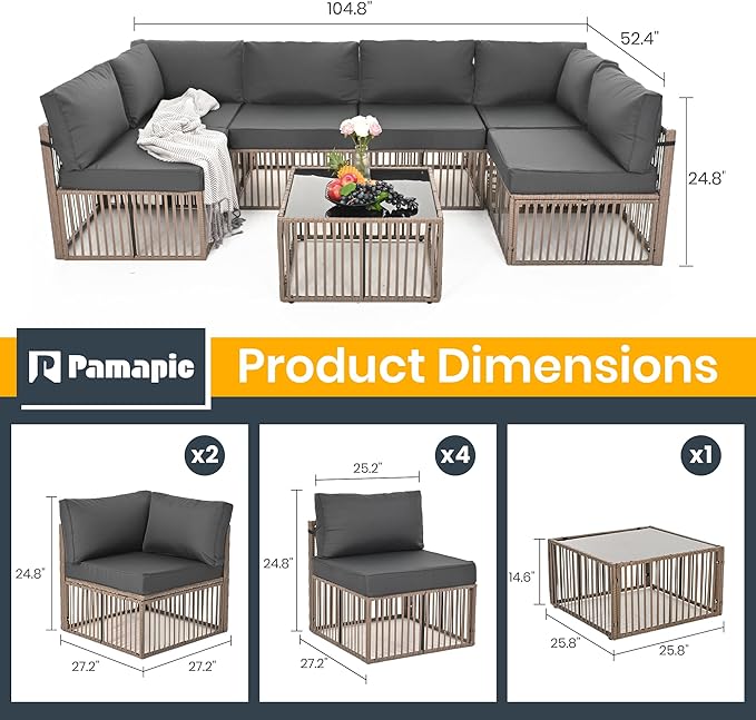 Pamapic 7 Piece Outdoor Sectional Sofa Set, All-Weather Patio Furniture with Washable Cushions, Waterproof Brown Rattan Wicker Conversation Set for Backyard, Poolside, Gray Cushion