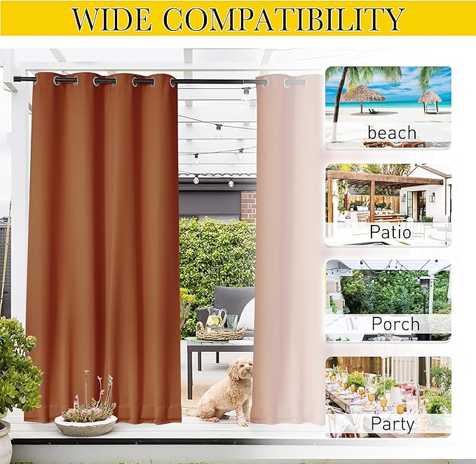 NICETOWN 2 Panels Outdoor Curtains Waterproof Fixed Grommet/Back Tab on Top & Bottom, Thermal Insulated Windproorf Sun Blocking Outdoor Drapes with Rope for Patio/Gazebo, W52 x L84, Burnt Orange