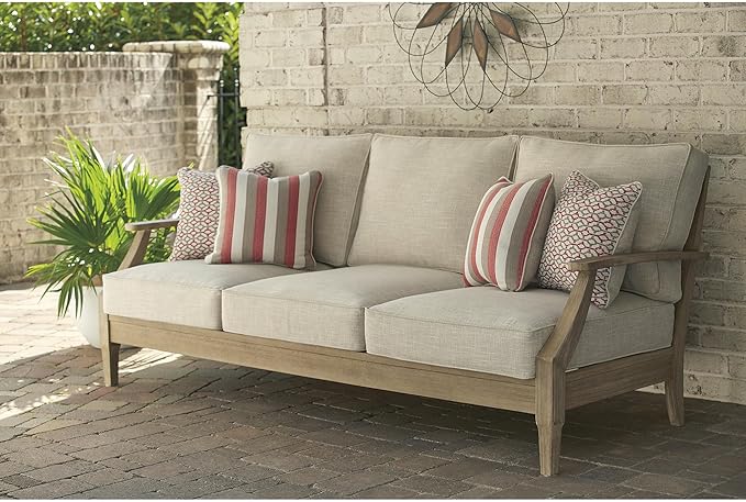Signature Design by Ashley Clare View Outdoor Patio Sofa, 4 Throw Pillows, Nuvella Weather Resistant Fabric, Eucalyptus Wood, 81" W x 35" D x 32" H, Beige