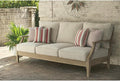 Signature Design by Ashley Clare View Outdoor Patio Sofa, 4 Throw Pillows, Nuvella Weather Resistant Fabric, Eucalyptus Wood, 81" W x 35" D x 32" H, Beige