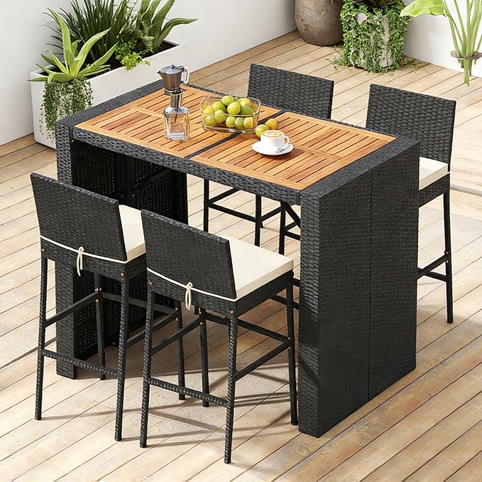 COSTWAY 5 Piece Patio Bar Set, Outdoor Rattan Wicker Bar Table and 30'' High Top Chairs Set with Acacia Wood Tabletop and Cushions for Poolside, Backyard