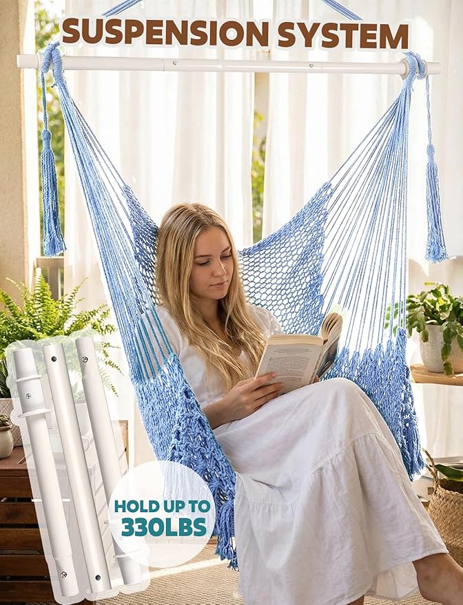 Chihee Hammock Chair Super Large Soft-Spun Cotton Rope Weaving Hanging Chair, Collapsible Strong Metal Spreader Bar Wide Seat Lace Stretch Swing Chairs Indoor Outdoor Garden Yard Theme Decoration