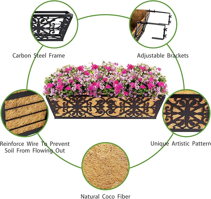 4 Pack 24 Inch Window Boxes Planters Railing Planter Box with Adjustable Brackets & Coco Liners Fabric Plant Grow Bags Deck Railing Planter Boxes Balcony Hanging Flower Box for Outdoor Plants