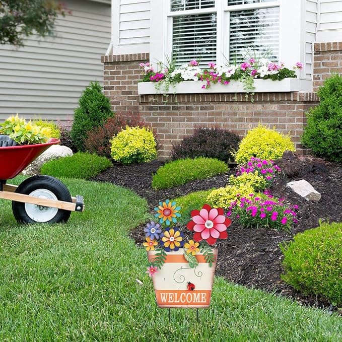hogardeck Garden Decor for Outside, Metal Flower Pot Decorative Garden Stakes with Flowers for Spring Decor, Yard Art Welcome Sign for Outdoor Garden Lawn Backyard Porch Patio Decorations