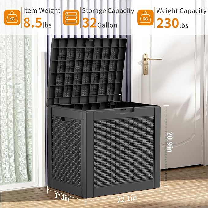 32 Gallon Outdoor Storage Box, Large Resin Deck Box for Patio Cushions, Garden Tools, Pool Accessories, Waterproof and Lockable Design, Storage Bench for Backyard & Deck(Black)