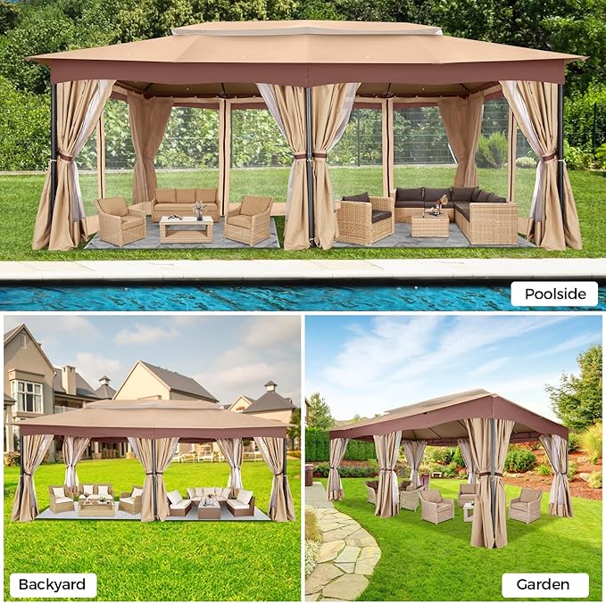 COBIZI Gazebo 12x20 Heavy Duty Gazebos with Curtain and Netting Outdoor Gazebo Canopy Double Roof Patio Gazebos with Metal Steel Frame for Patio, Deck, Backyard-Khaki
