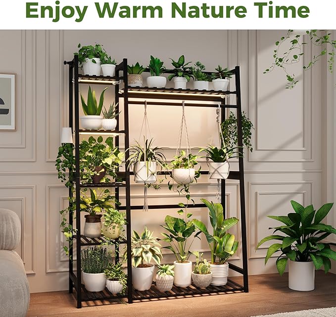 Bamworld Plant Shelf Indoor 55" Tall Bamboo Plant Shelves 5 Tier Hanging Plant Stand Large Ladder Shelf Flower Stand Plant Holder Plant Rack for Garden Balcony Home Decor Living Room Bedroom Black