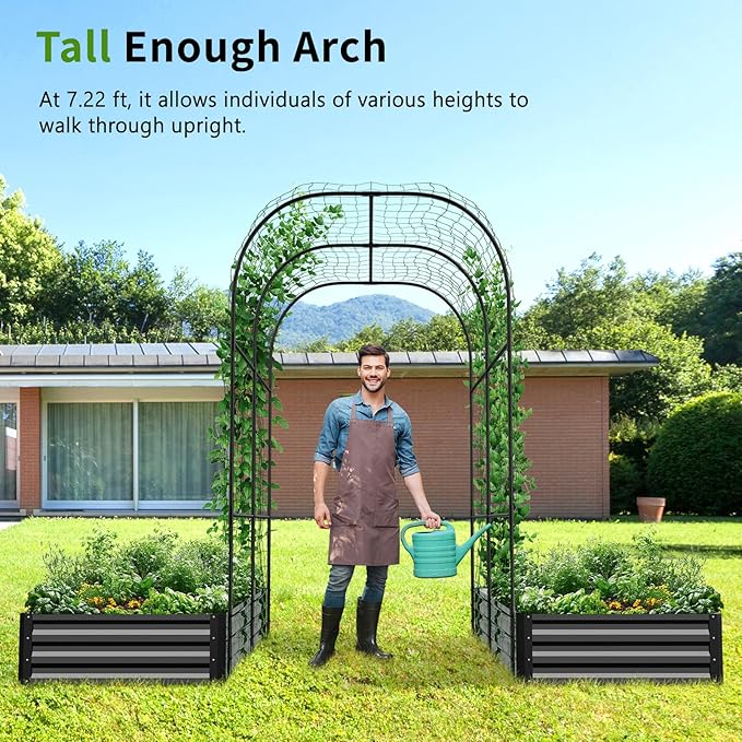 DoCred 3 in 1 Raised Garden Bed with 87in Tall Arch Trellis for Climbing Plants, Galvanized Planter Garden Box Outdoor for Gardening, Climbing Vegetables, Flower, Black