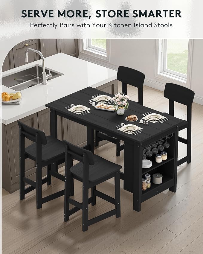 SERWALL Outdoor Bar Table, All Weather HDPE 36" Counter Height Dining Table with Storage and Wine Rack for Patio, Garden, Backyard, Balcony, Poolside, Black