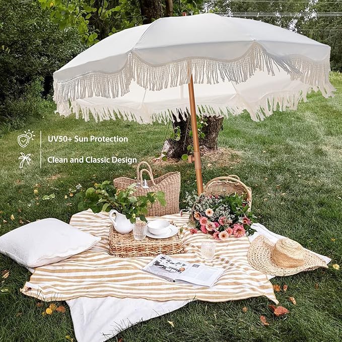 AMMSUN Boho Fringe Umbrella Outdoor Patio, 6.5ft UPF50+ Picnic Umbrella with Tassels with Steel Pole and Push Button Tilt, Antique White