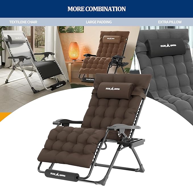 UDPATIO Oversized Zero Gravity Chair, 33In XXL Patio Reclining Chair with Cushion, Outdoor Folding Recliner with Pillows|Cup Holder|Foot Rest|Padded Headrest, Brown Grey, Support 500LB
