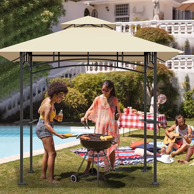 Grill Gazebo Replacement Top, 5 * 8 Outdoor BBQ Top Cover, Double Layer BBQ Gazebo Top Canopy for Model #L-GG001PST-F(Beige)