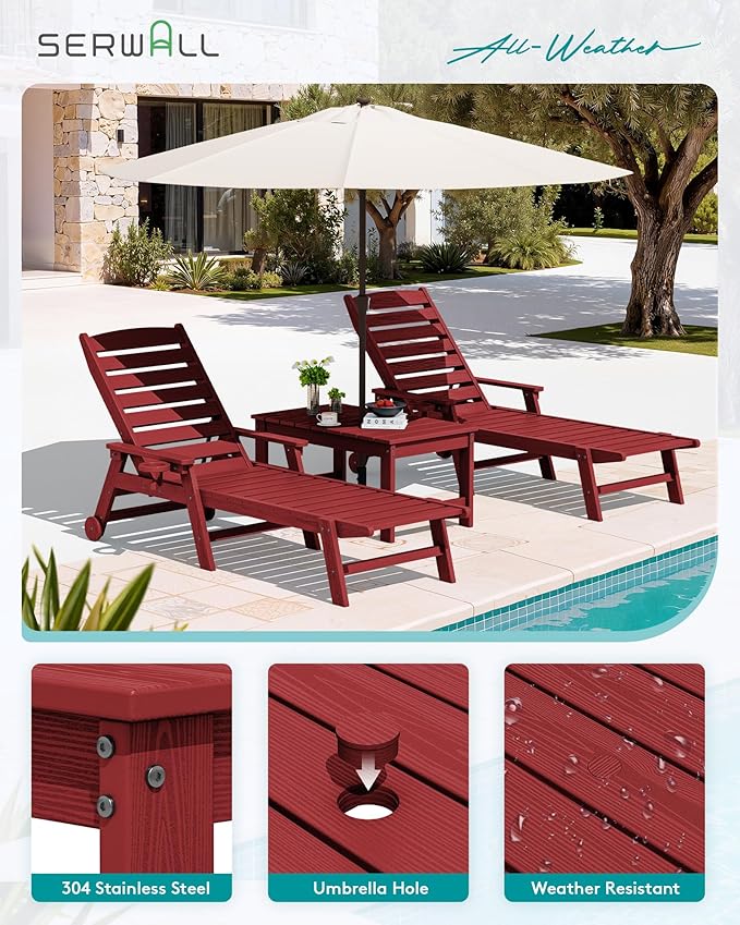 SERWALL Outdoor Coffee Table with 9FT Umbrella, HDPE Patio Coffee Table for Outside, Rectangle, Red(Not Include Umbrella Base)
