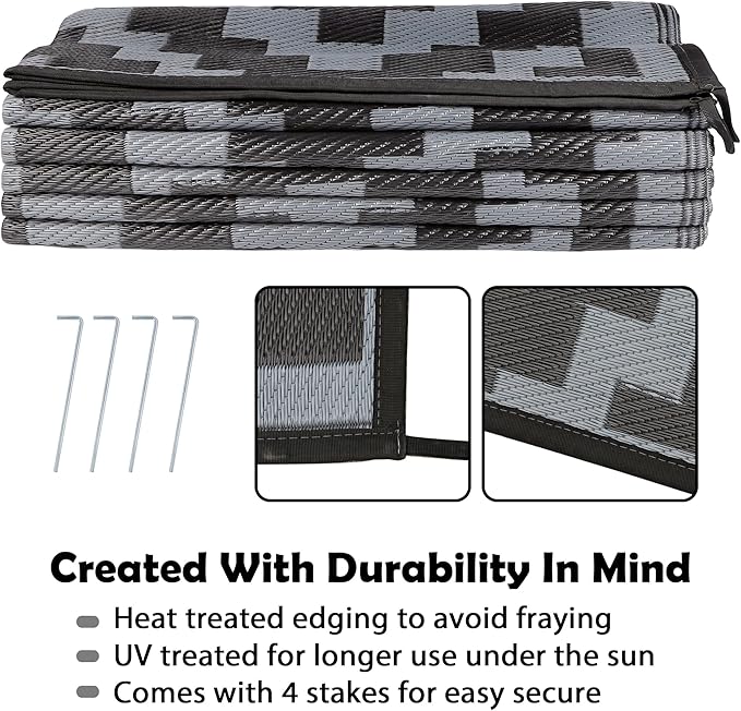 SAND MINE Waterproof Outdoor Rug 9x12 ft, Plastic Reversible Rug, Modern Area Rug, Large Floor Mat for Outdoors, RV, Patio, Backyard, Deck, Picnic, Beach, Camping, Black Grey Lattice