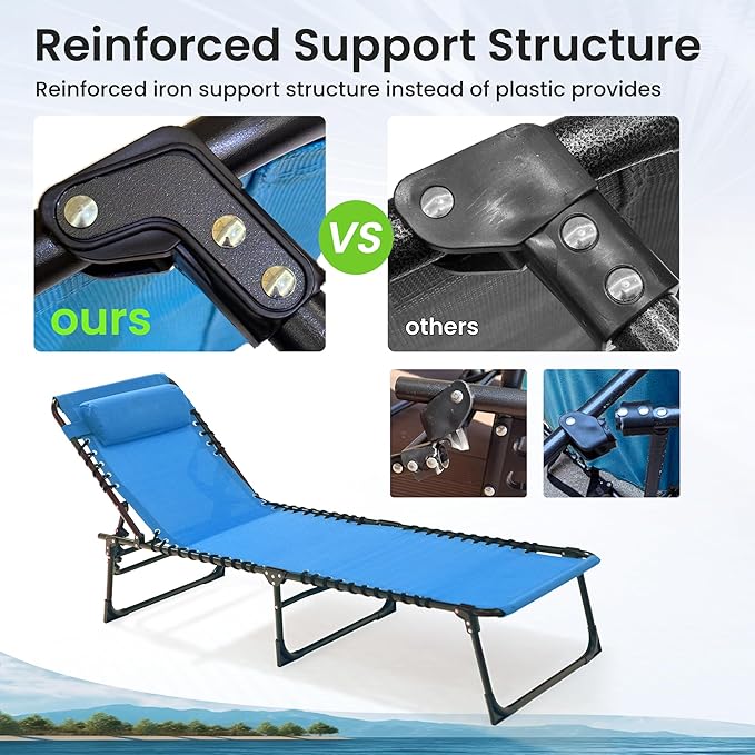 Folding Chaise Lounge Chair 2 Pack - 400lb Capacity, 5-Position Adjustable Recliner with Pillow | Portable for Patio, Pool, Camping & Sunbathing (Blue)