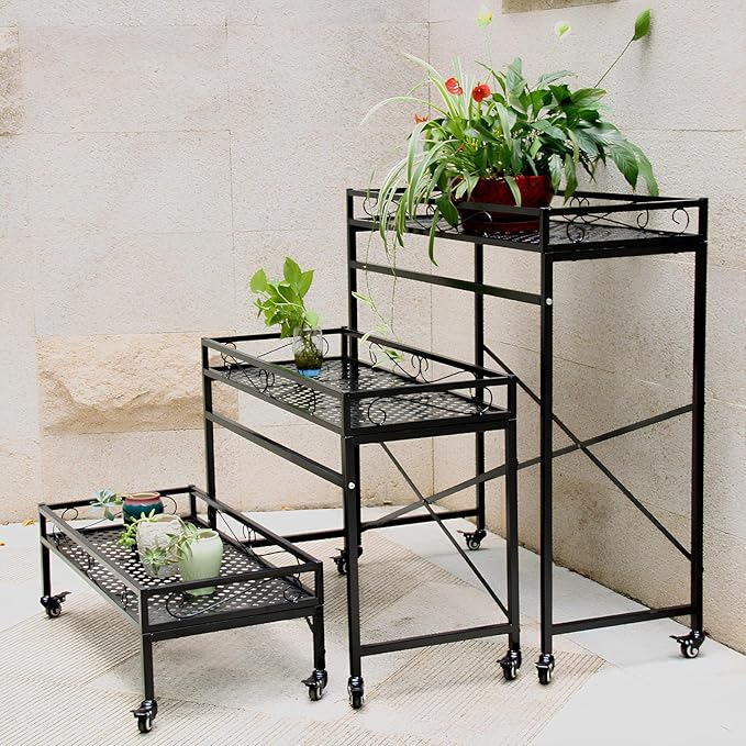Zhongma Sturdy Metal Plant Stand with Wheels, 36.6 x 16 x 26.2 in High, Heavy Duty Succulent Shelf for Home Indoor and Outdoor, 220 LBS Capacity & Heavy Duty Construction