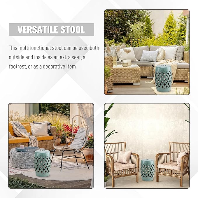 Outsunny 13" x 18" Ceramic Garden Stool with Woven Lattice Design & Glazed Strong Materials Decorative Outdoor Stool, Antique Blue