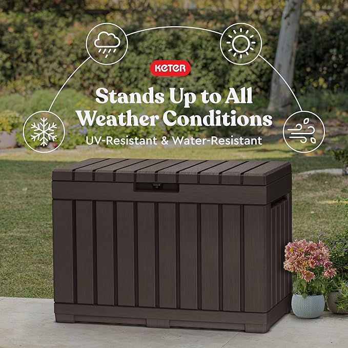 Keter Kentwood 50 Gallon Resin Deck Box for Outdoor Storage – Weather‑Resistant Balcony & Patio Box for Cushions, Throw Pillows & Garden Tools, Brown