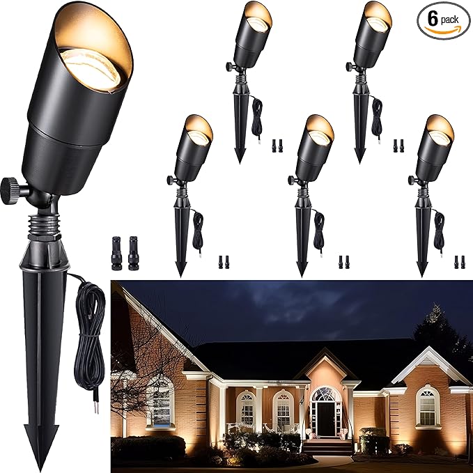 Gardenreet Solid Brass Spot Lights - Black Low Voltage Landscape Spotlight Outdoor, 12V LED Uplights Wired, Waterproof Electric for Patio Wall Without MR16 Bulb (6 Pack)