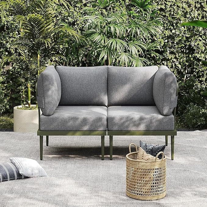 Sundale Outdoor 2 Pieces Metal Patio Furniture Set, Outdoor Sectional Sofa w/6 Inch Olefin Cushion, Modern Outdoor Conversation Sets for Porch, Balcony