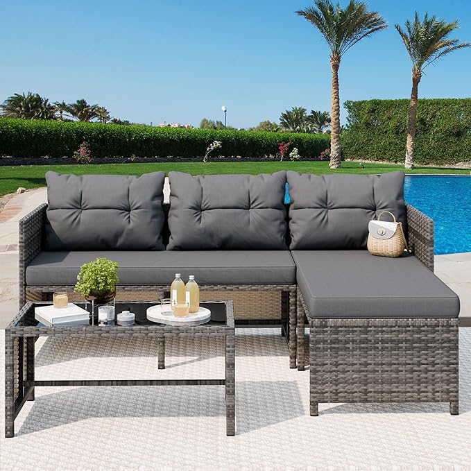 Vongrasig 3 Pieces Patio Furniture Sets, All-Weather Wicker Outdoor Sofa Couch Sectional Set, Small Conversation Set for Patio, Garden w/Cushion, Glass Table, (Grey)